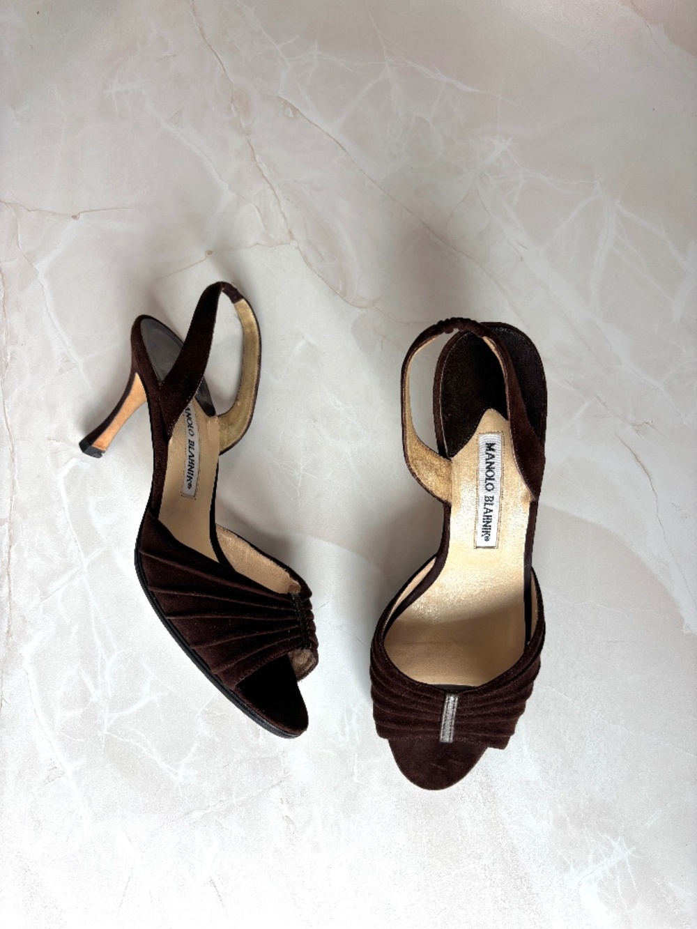 vintage Y2K Manolo Blahnik brown suede pleated peep-toe slingback heel
